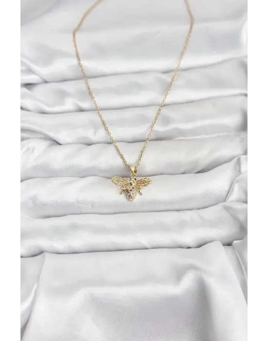 316L Çelik Zincir Gold Renk Sinek Model Zirkon Taşlı Kadın Kolye