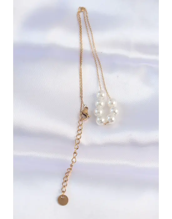  Zincir Altın  Sıralı İnci Taşlı Çelik Kolye