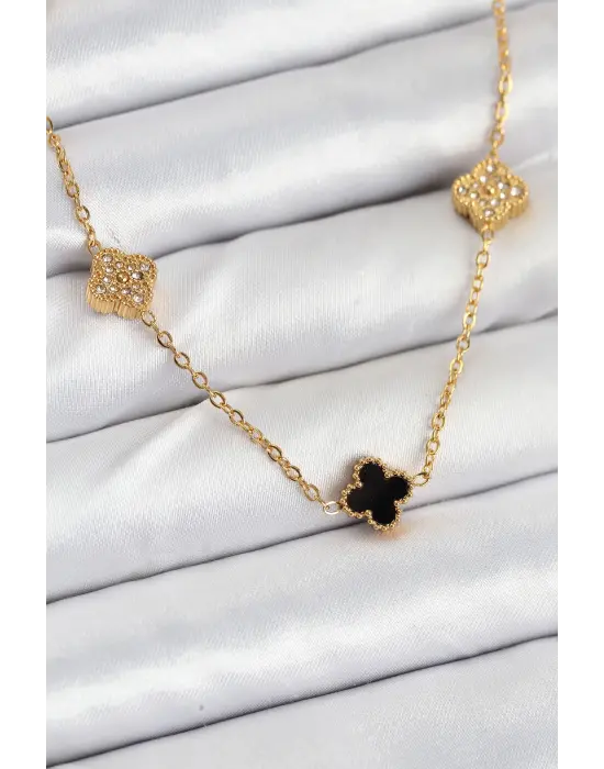316L Çelik Zincir Gold Renk Siyah ve Zirkon Taşlı Baby Boy Yonca Kadın Kolye