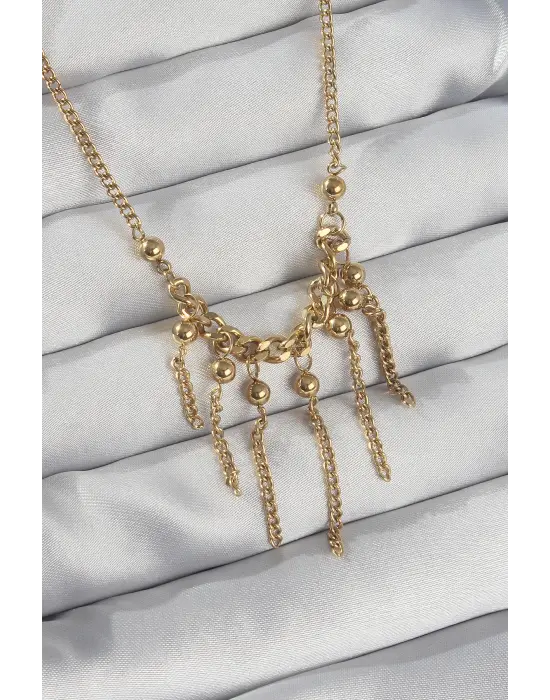  Zincir Altın  Topçuk Detay Sallantılı Zincir Çelik Kolye