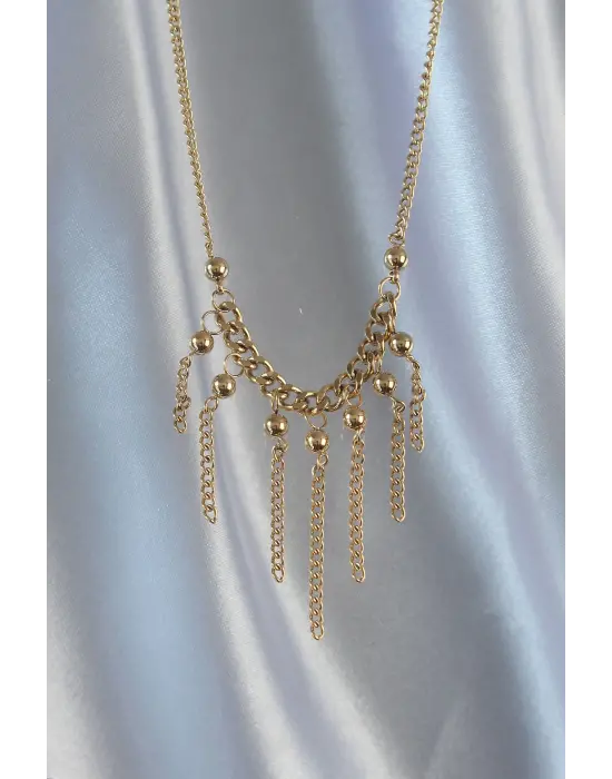  Zincir Altın  Topçuk Detay Sallantılı Zincir Çelik Kolye
