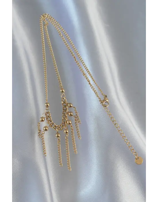  Zincir Altın  Topçuk Detay Sallantılı Zincir Çelik Kolye