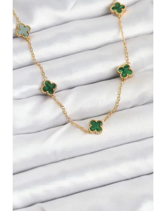 316L Çelik Zincir Gold Renk Yeşil Baby Boy Yonca Kadın Kolye