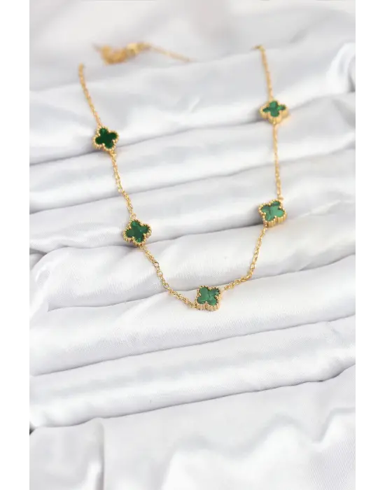 316L Çelik Zincir Gold Renk Yeşil Baby Boy Yonca Kadın Kolye