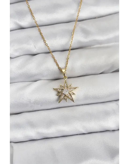 316L Çelik Zincir Gold Renk Yıldız Model Zirkon Taşlı Kadın Kolye