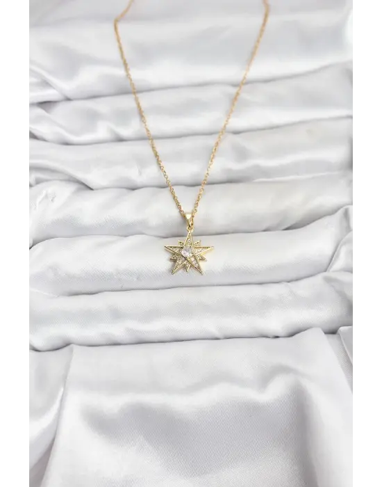 316L Çelik Zincir Gold Renk Yıldız Model Zirkon Taşlı Kadın Kolye