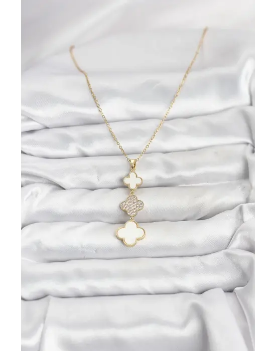 316L Çelik Zincir Gold Renk Yonca Detaylı Zirkon Taşlı Kadın Kolye