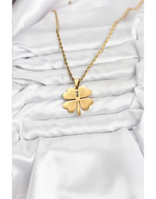 316L Çelik Zincir Gold Renk Yonca Model 60 cm Kadın Kolye