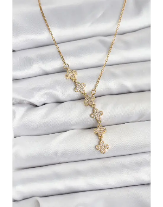 316L Çelik Zincir Gold Renk Yonca Model Kadın Kolye