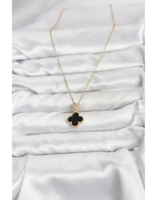 316L Çelik Zincir Gold Renk Yonca Model Zirkon Taşlı Kadın Kolye