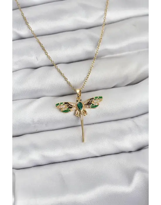 316L Çelik Zincir Gold Renk Yusufçuk Model Zirkon Taşlı Kadın Kolye