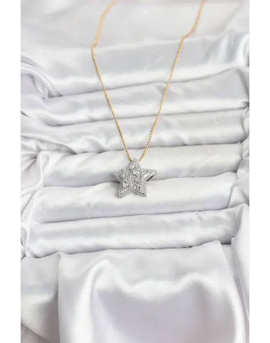 316L Çelik Zincir Gold Renk Zincirli Gümüş Yıldız Model Kadın Kolye