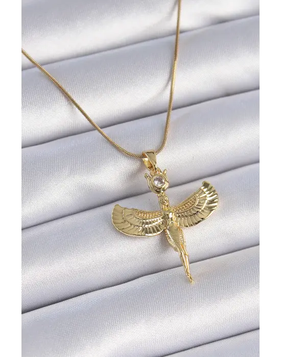  Zincir Altın  Zirkon Taş Detaylı Melek Model  Çelik Kolye