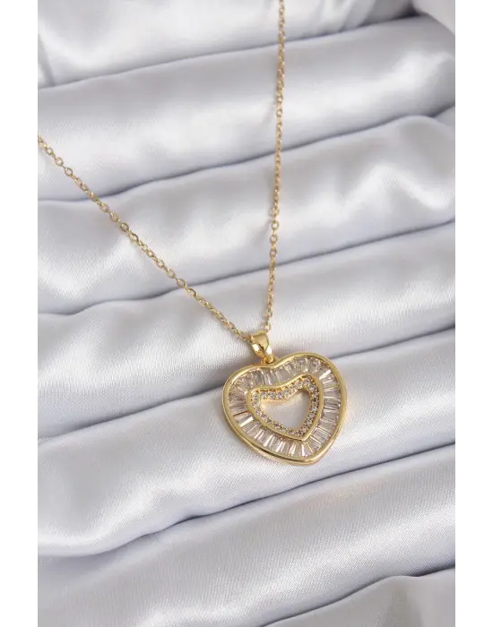 Zincir Altın  Zirkon Taş Kalp Model  Çelik Kolye