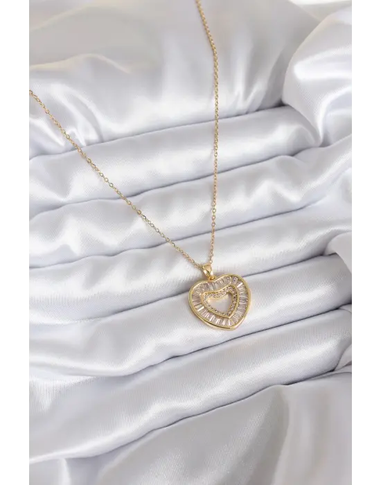  Zincir Altın  Zirkon Taş Kalp Model  Çelik Kolye