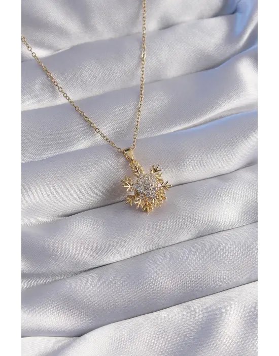  Zincir Altın  Zirkon Taşlı 2li Görünüm Kar Tanesi Çelik Kolye