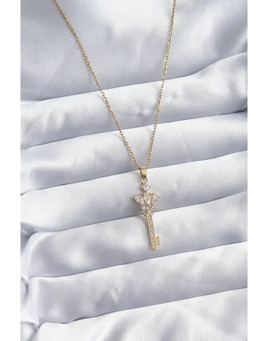  Zincir Altın  Zirkon Taşlı Anahtar Model  Çelik Kolye