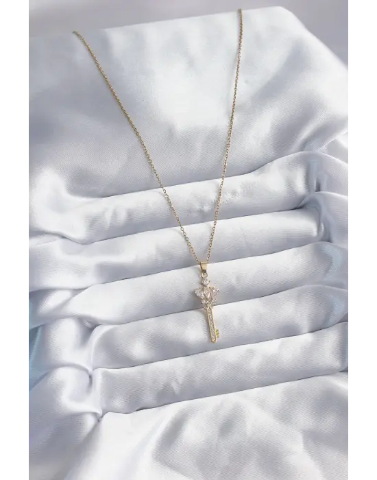  Zincir Altın  Zirkon Taşlı Anahtar Model  Çelik Kolye