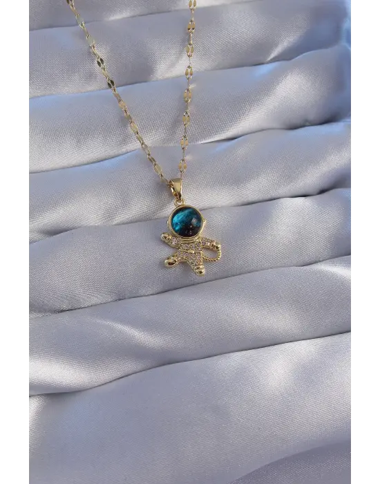  Zincir Altın  Zirkon Taşlı Astronot Figürlü Gezegen Çelik Kolye