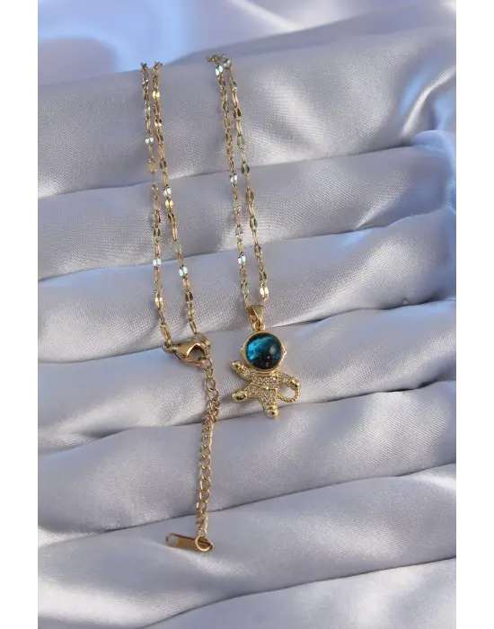  Zincir Altın  Zirkon Taşlı Astronot Figürlü Gezegen Çelik Kolye