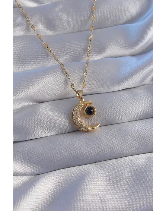  Zincir Altın  Zirkon Taşlı Ay Figürlü Projeksiyon Çelik Kolye