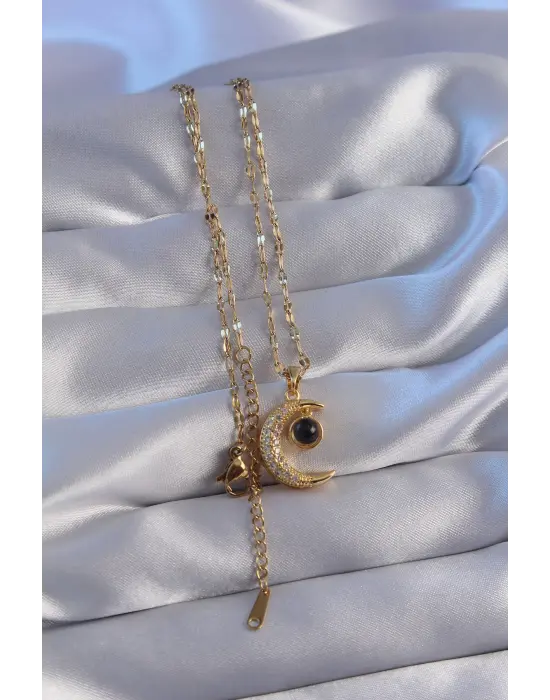  Zincir Altın  Zirkon Taşlı Ay Figürlü Projeksiyon Çelik Kolye