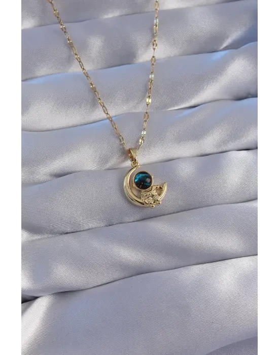  Zincir Altın  Zirkon Taşlı Ay ve Astronot Figürlü Gezegen Çelik Kolye