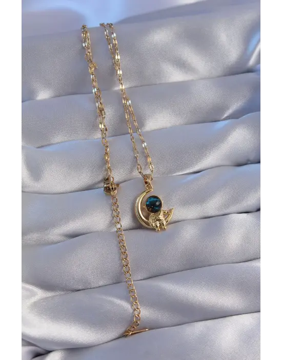  Zincir Altın  Zirkon Taşlı Ay ve Astronot Figürlü Gezegen Çelik Kolye