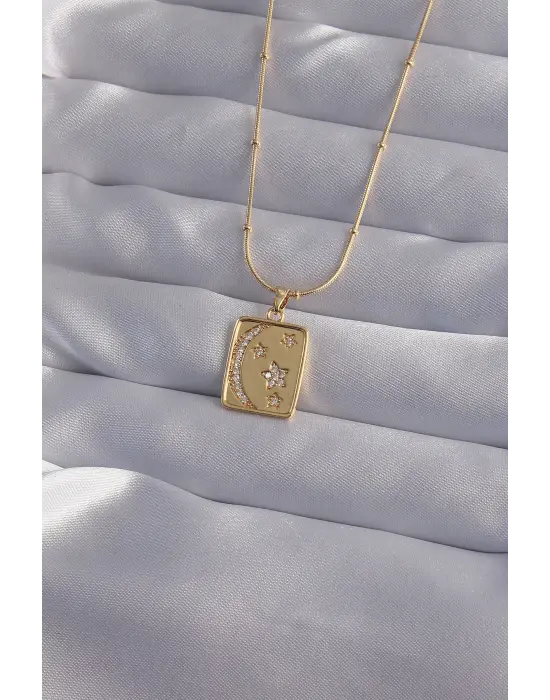 Zincir Altın  Zirkon Taşlı Ay Yıldız Figürlü Tarot Çelik Kolye