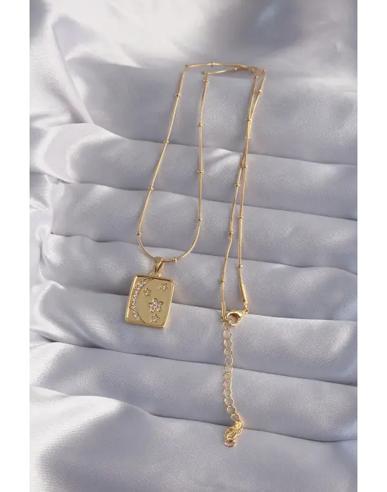  Zincir Altın  Zirkon Taşlı Ay Yıldız Figürlü Tarot Çelik Kolye