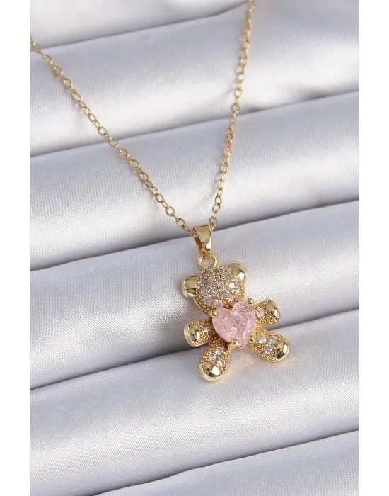  Zincir Altın  Zirkon Taşlı Ayıcık Figür Kalp Detay  Çelik Kolye