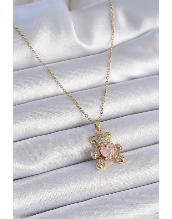  Zincir Altın  Zirkon Taşlı Ayıcık Figür Kalp Detay  Çelik Kolye