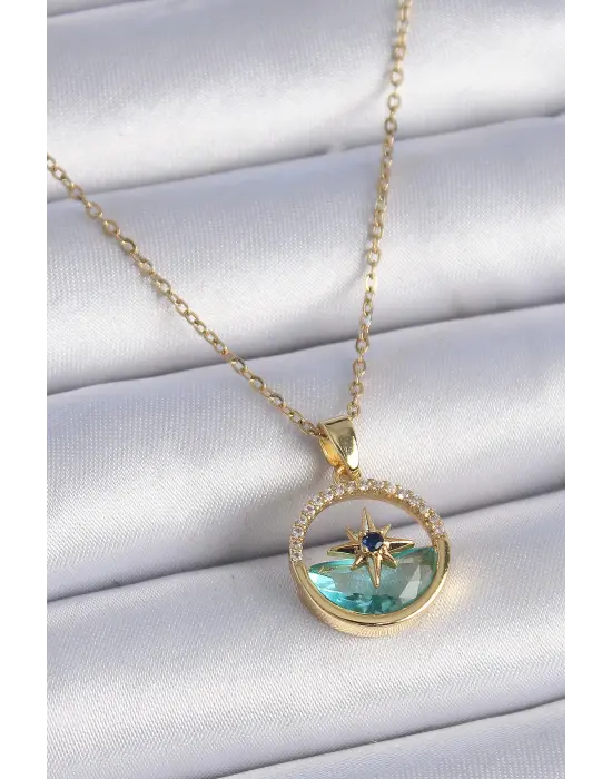  Zincir Altın  Zirkon Taşlı Deniz Görünüm Kutup Yıldız Model  Çelik Kolye
