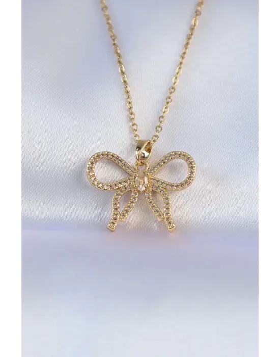  Zincir Altın  Zirkon Taşlı Fiyonk Çelik Kolye