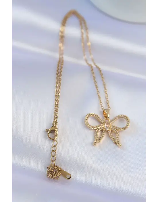  Zincir Altın  Zirkon Taşlı Fiyonk Çelik Kolye