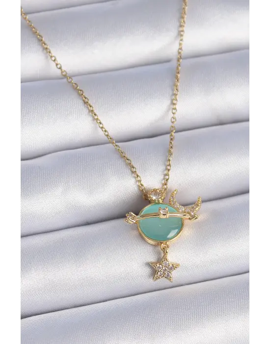  Zincir Altın  Zirkon Taşlı Gezegen Model Ay Yıldız Detay  Çelik Kolye