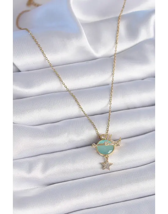  Zincir Altın  Zirkon Taşlı Gezegen Model Ay Yıldız Detay  Çelik Kolye