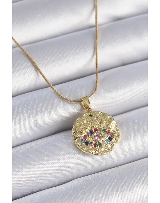  Zincir Altın  Zirkon Taşlı Göz İşlemeli Madalyon Model  Çelik Kolye