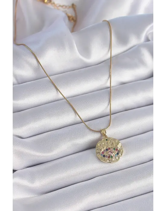  Zincir Altın  Zirkon Taşlı Göz İşlemeli Madalyon Model  Çelik Kolye