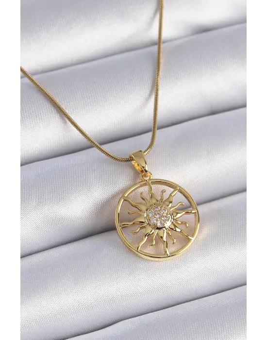  Zincir Altın  Zirkon Taşlı Güneş Model  Çelik Kolye