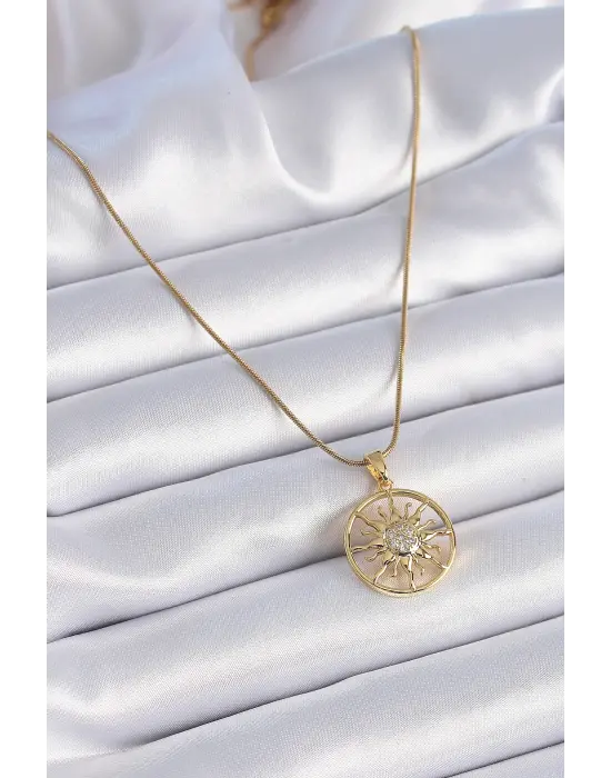  Zincir Altın  Zirkon Taşlı Güneş Model  Çelik Kolye
