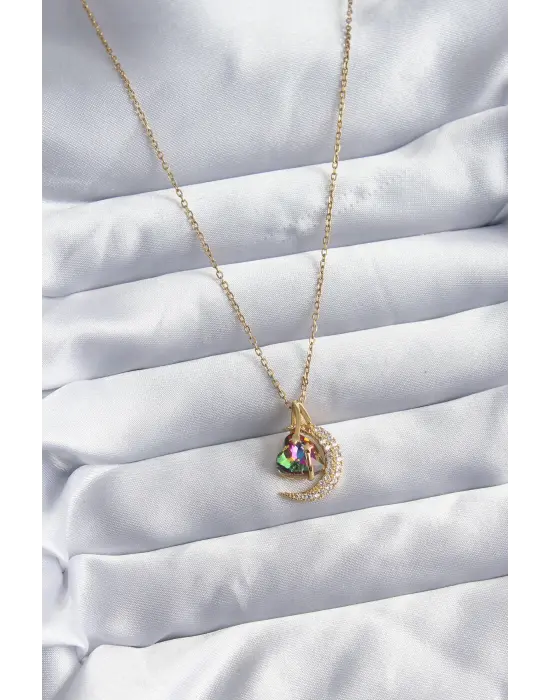  Zincir Altın  Zirkon Taşlı Hilal Kristal Kalp Model  Çelik Kolye