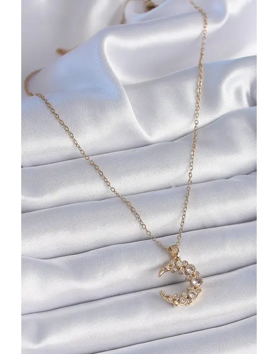  Zincir Altın  Zirkon Taşlı Hilal Model  Çelik Kolye