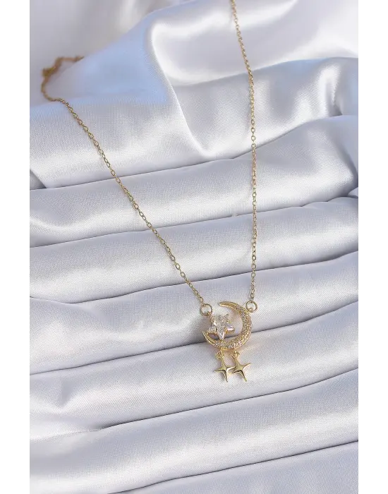  Zincir Altın  Zirkon Taşlı Hilal Model Yıldız Detay  Çelik Kolye
