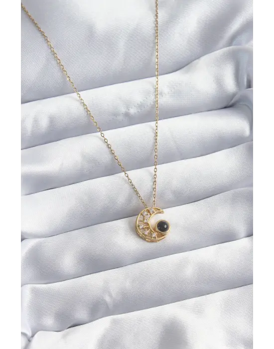  Zincir Altın  Zirkon Taşlı Hilal Projeksiyon Model  Çelik Kolye