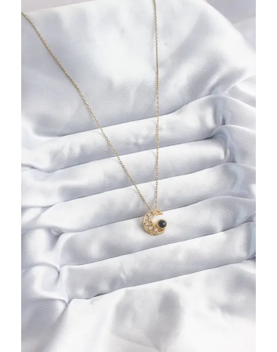  Zincir Altın  Zirkon Taşlı Hilal Projeksiyon Model  Çelik Kolye