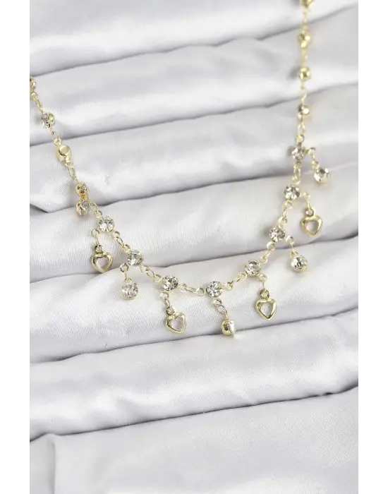 316L Çelik Zincir Gold Renk Zirkon Taşlı Kadın Kolye Sallantılı Charmlı