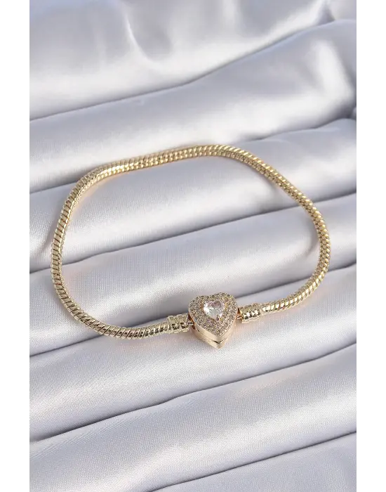 316L Çelik Zincir Gold Renk Zirkon Taşlı Kalp Charm Model Kadın Bileklik