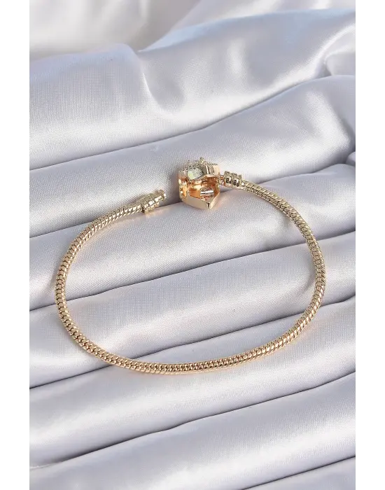 316L Çelik Zincir Gold Renk Zirkon Taşlı Kalp Charm Model Kadın Bileklik