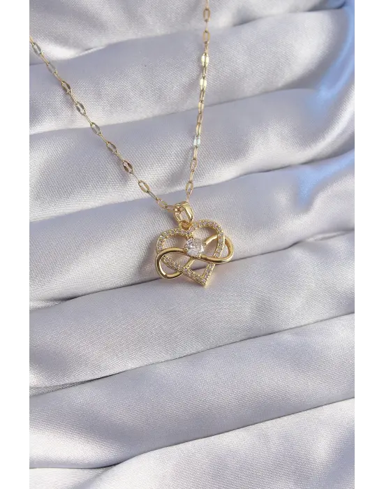  Zincir Altın  Zirkon Taşlı Kalp Figürlü Sonsuzluk Model Çelik Kolye